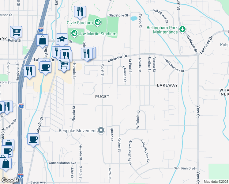 map of restaurants, bars, coffee shops, grocery stores, and more near 1125 West Racine Street in Bellingham