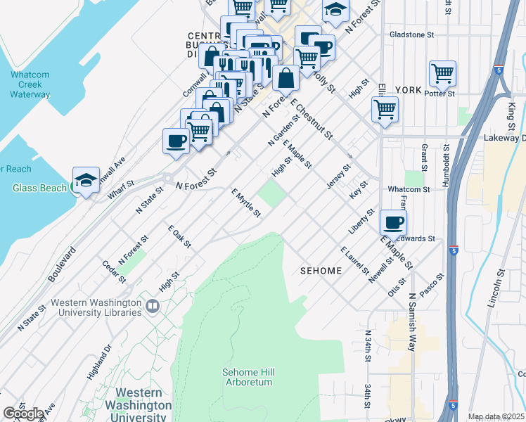 map of restaurants, bars, coffee shops, grocery stores, and more near 904 High Street in Bellingham