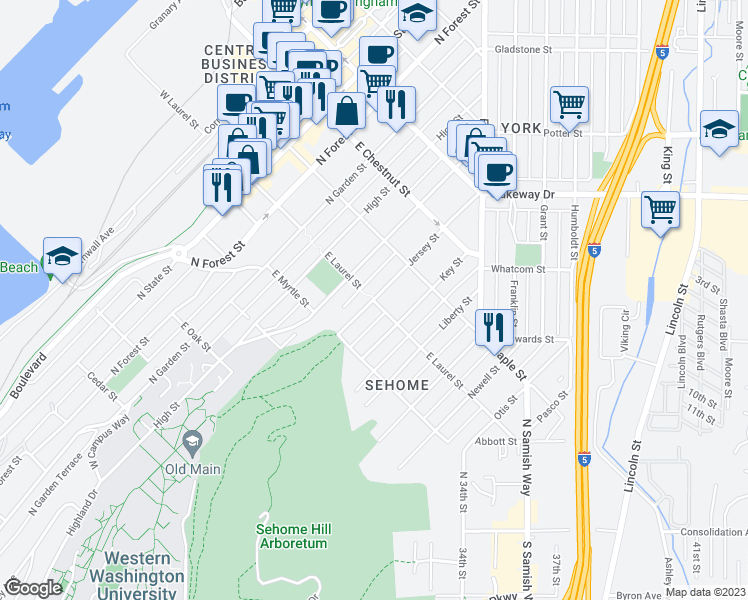 map of restaurants, bars, coffee shops, grocery stores, and more near E Laurel St & Jersey St in Bellingham