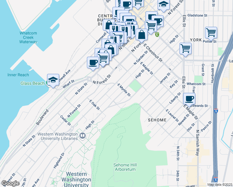 map of restaurants, bars, coffee shops, grocery stores, and more near 819 High Street in Bellingham