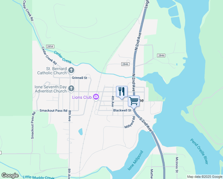 map of restaurants, bars, coffee shops, grocery stores, and more near 209 4th Avenue in Ione
