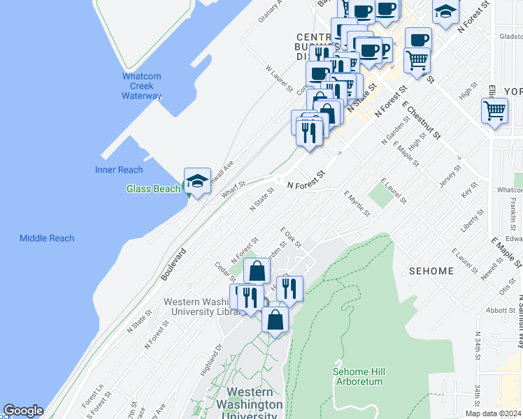 map of restaurants, bars, coffee shops, grocery stores, and more near 704 North State Street in Bellingham