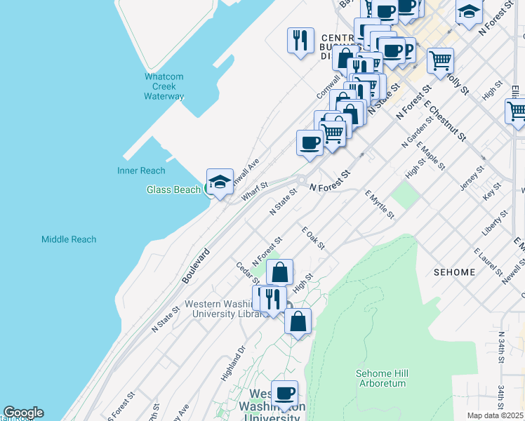 map of restaurants, bars, coffee shops, grocery stores, and more near 617 North State Street in Bellingham