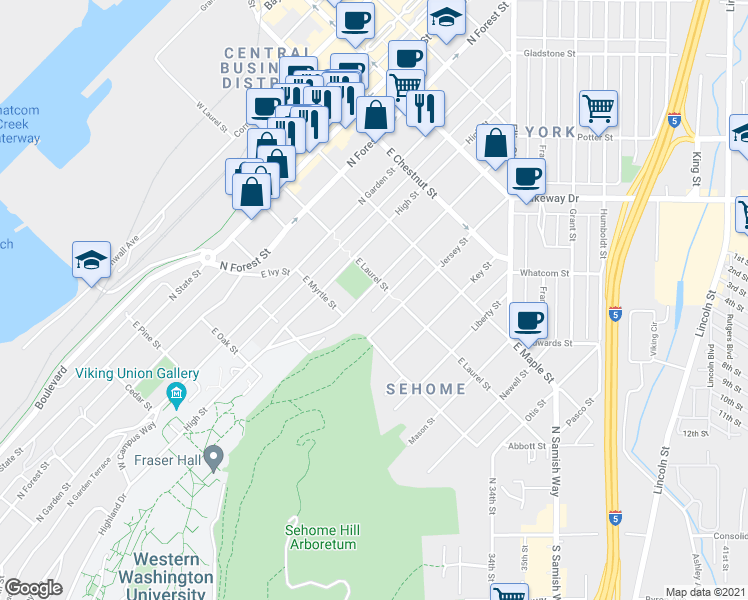 map of restaurants, bars, coffee shops, grocery stores, and more near 922 Indian Street in Bellingham