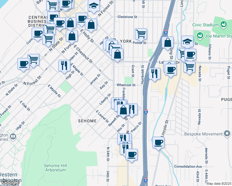 map of restaurants, bars, coffee shops, grocery stores, and more near 1151 Liberty Street in Bellingham