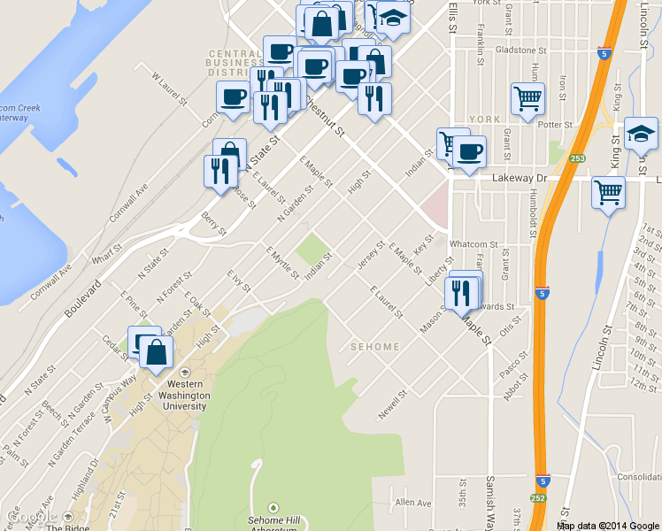 map of restaurants, bars, coffee shops, grocery stores, and more near in Bellingham
