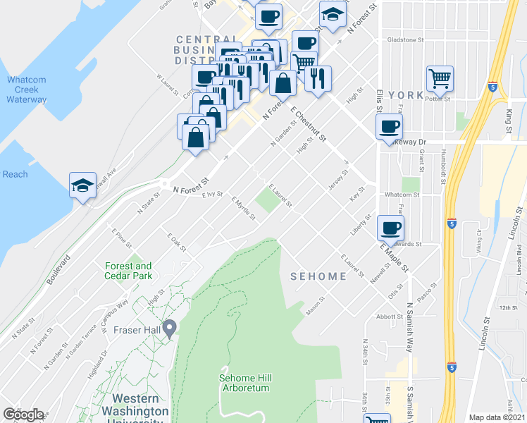 map of restaurants, bars, coffee shops, grocery stores, and more near 904 High Street in Bellingham