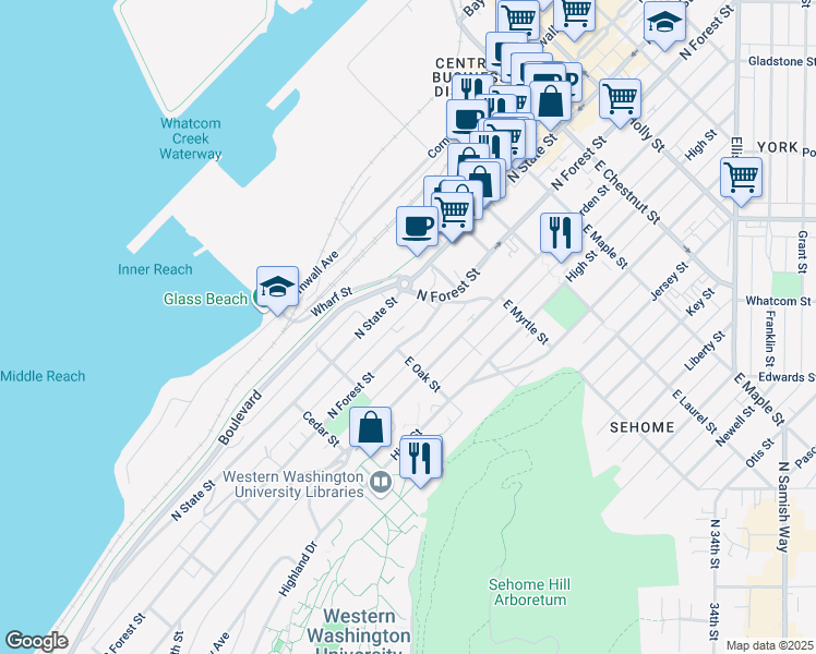 map of restaurants, bars, coffee shops, grocery stores, and more near 727 North Forest Street in Bellingham