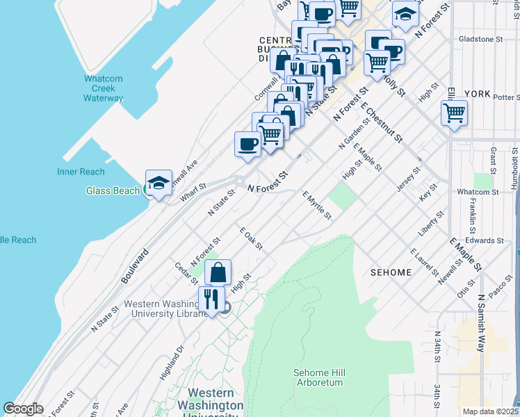 map of restaurants, bars, coffee shops, grocery stores, and more near 727 North Forest Street in Bellingham
