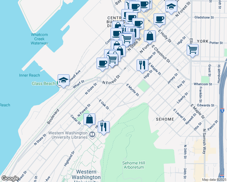 map of restaurants, bars, coffee shops, grocery stores, and more near 811 North Garden Street in Bellingham