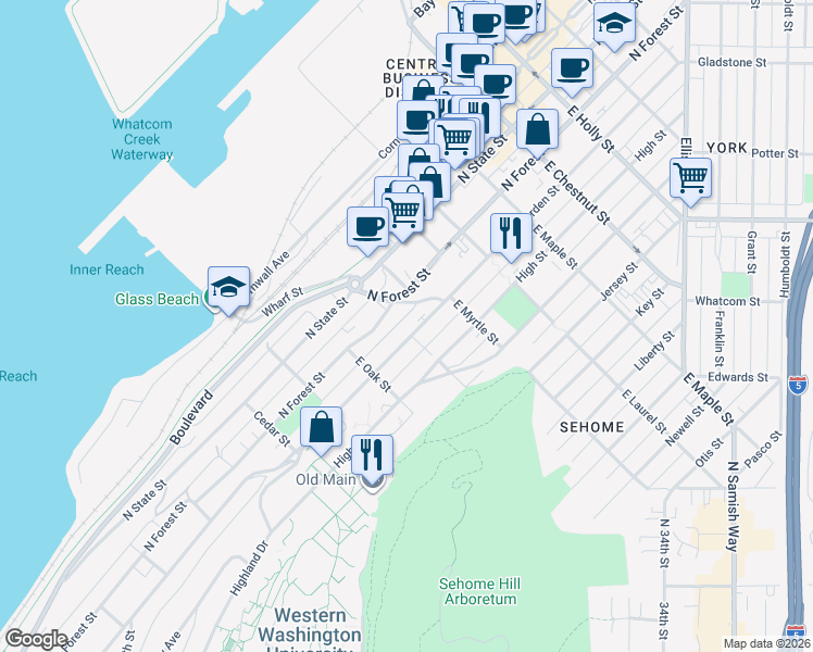 map of restaurants, bars, coffee shops, grocery stores, and more near 801 North Garden Street in Bellingham