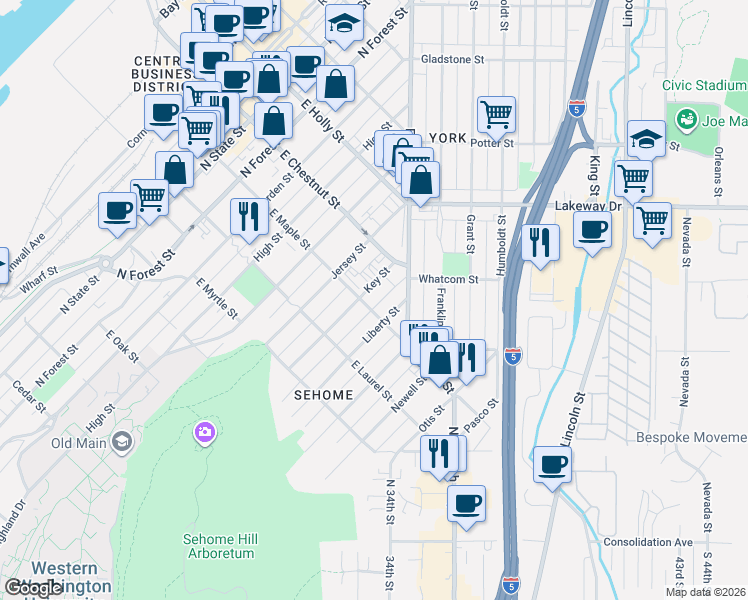 map of restaurants, bars, coffee shops, grocery stores, and more near 1106 Key Street in Bellingham