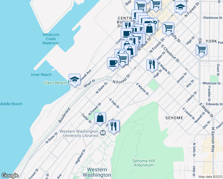 map of restaurants, bars, coffee shops, grocery stores, and more near 727 North Forest Street in Bellingham