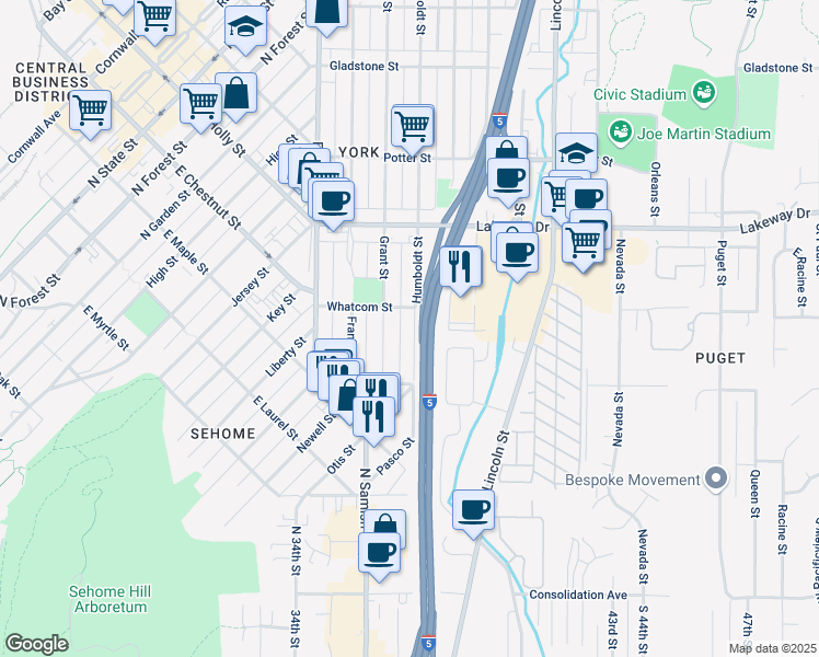 map of restaurants, bars, coffee shops, grocery stores, and more near 1149 Humboldt Street in Bellingham