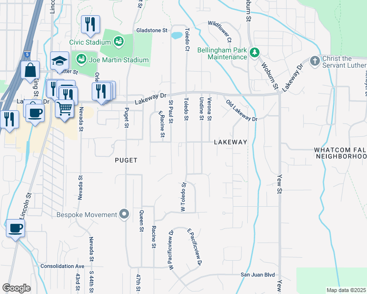 map of restaurants, bars, coffee shops, grocery stores, and more near 1165 Toledo Street in Bellingham