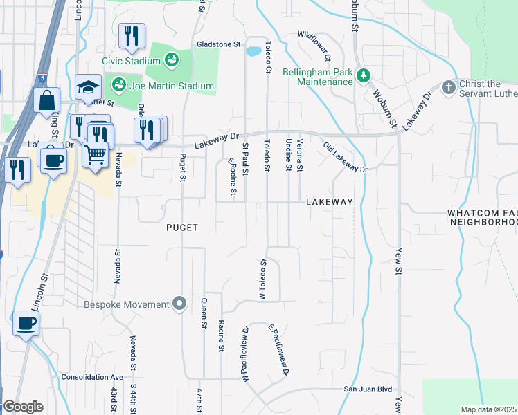 map of restaurants, bars, coffee shops, grocery stores, and more near 1165 Toledo Street in Bellingham