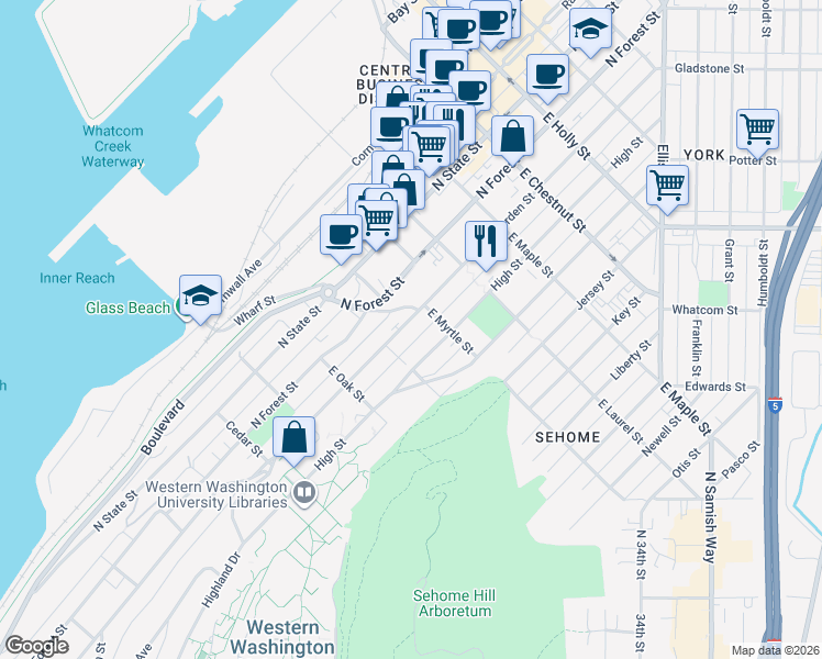 map of restaurants, bars, coffee shops, grocery stores, and more near 816 North Garden Street in Bellingham