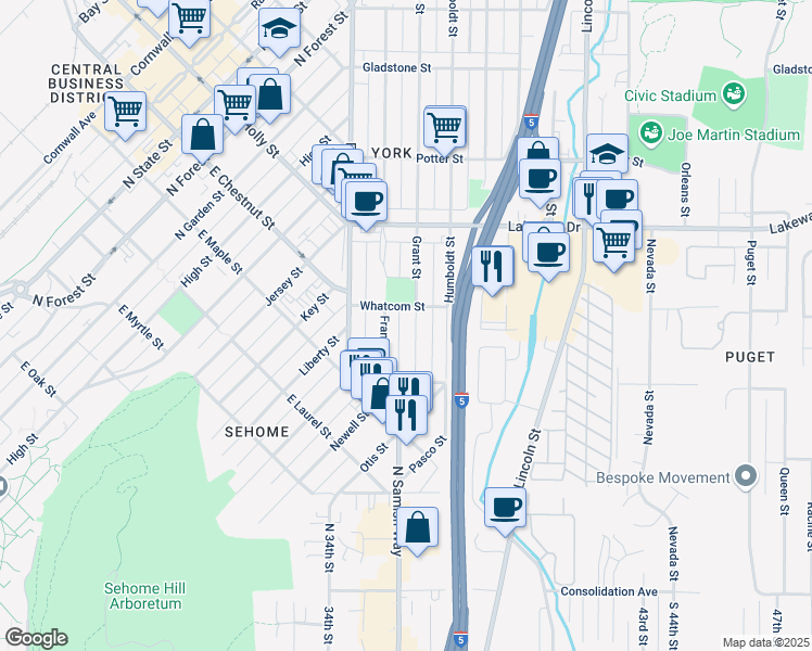 map of restaurants, bars, coffee shops, grocery stores, and more near 1152 Grant Street in Bellingham