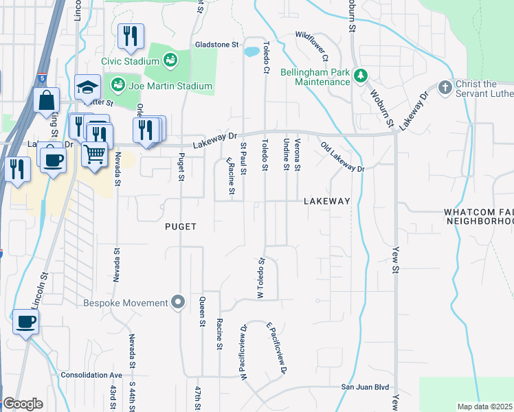 map of restaurants, bars, coffee shops, grocery stores, and more near 1165 Toledo Street in Bellingham