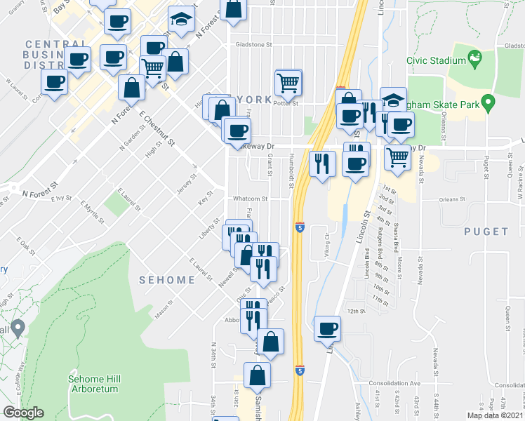 map of restaurants, bars, coffee shops, grocery stores, and more near 1152 Grant Street in Bellingham