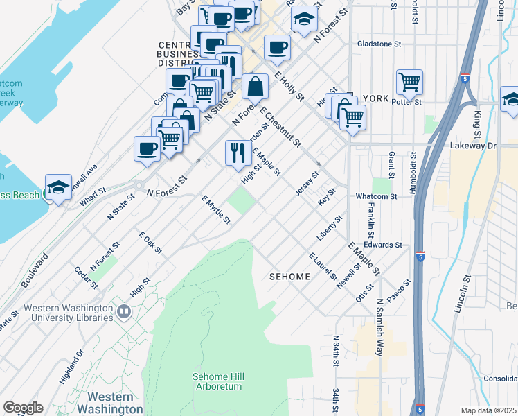 map of restaurants, bars, coffee shops, grocery stores, and more near in Bellingham