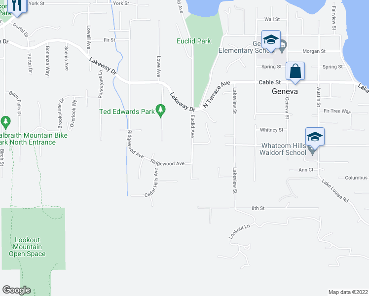 map of restaurants, bars, coffee shops, grocery stores, and more near 1192 Euclid Avenue in Bellingham