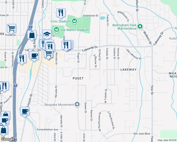 map of restaurants, bars, coffee shops, grocery stores, and more near 1125 West Racine Street in Bellingham