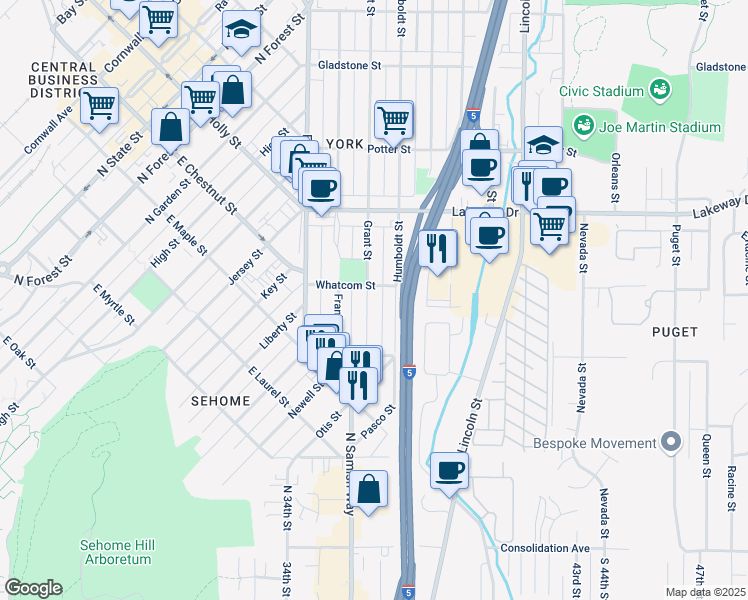 map of restaurants, bars, coffee shops, grocery stores, and more near 1152 Grant Street in Bellingham