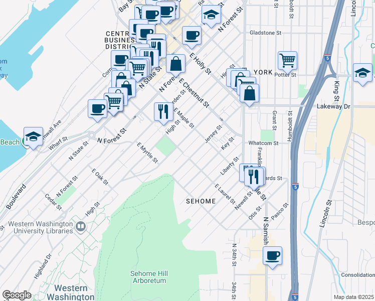map of restaurants, bars, coffee shops, grocery stores, and more near 1013 Jersey Street in Bellingham