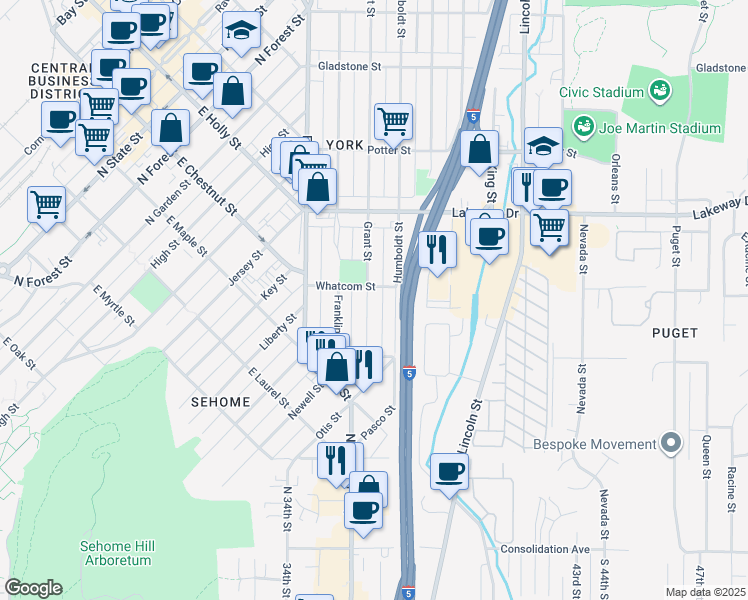 map of restaurants, bars, coffee shops, grocery stores, and more near 1152 Grant Street in Bellingham