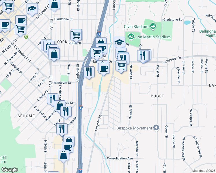 map of restaurants, bars, coffee shops, grocery stores, and more near 800 Lakeway Drive in Bellingham