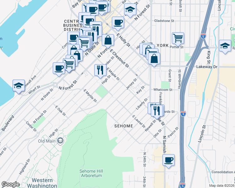 map of restaurants, bars, coffee shops, grocery stores, and more near 711 East Laurel Street in Bellingham