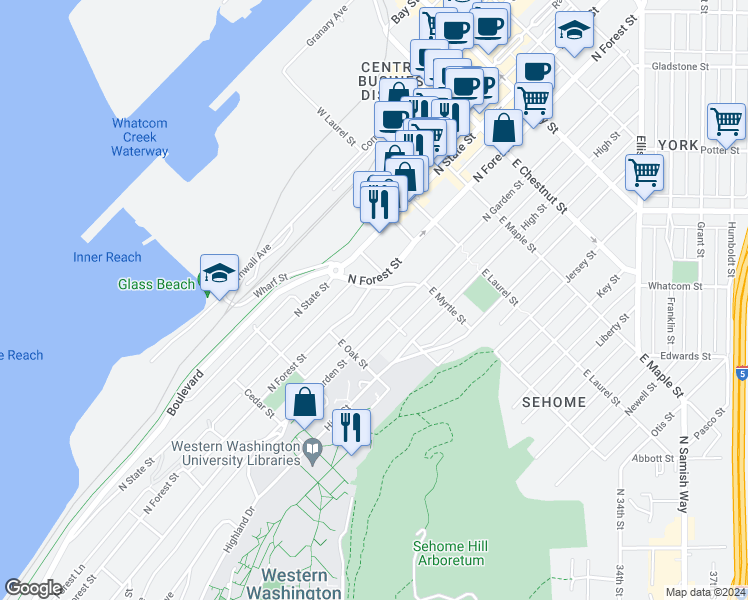 map of restaurants, bars, coffee shops, grocery stores, and more near 811 North Garden Street in Bellingham