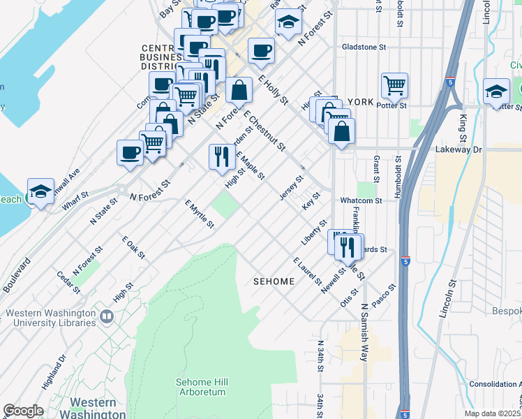 map of restaurants, bars, coffee shops, grocery stores, and more near 1013 Jersey Street in Bellingham