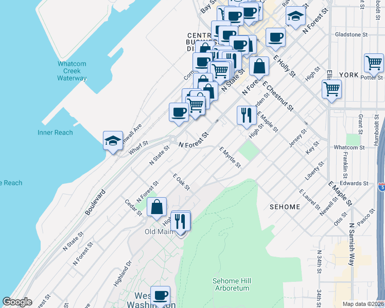 map of restaurants, bars, coffee shops, grocery stores, and more near 811 North Garden Street in Bellingham