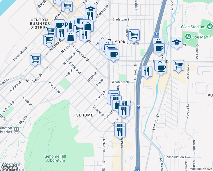 map of restaurants, bars, coffee shops, grocery stores, and more near 1151 Liberty Street in Bellingham