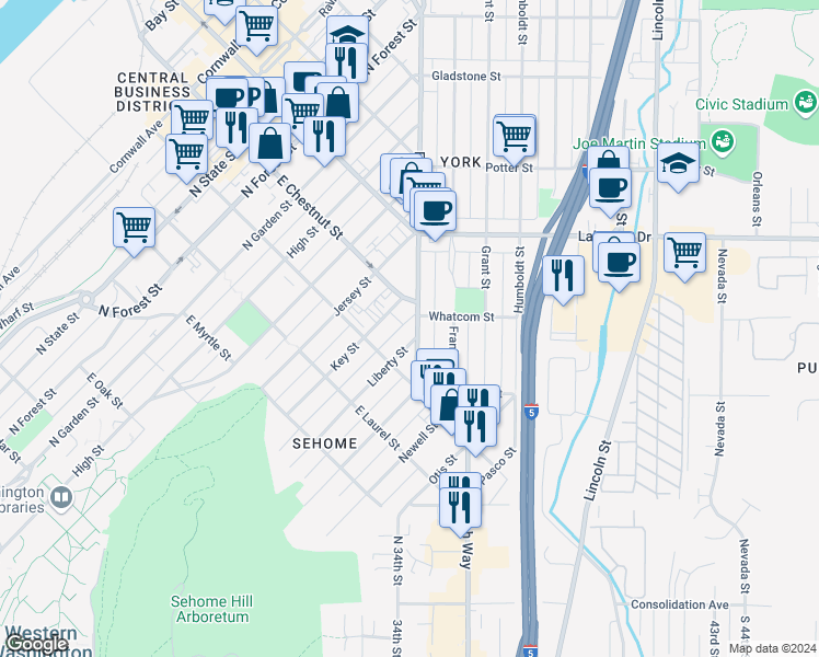 map of restaurants, bars, coffee shops, grocery stores, and more near 1151 Liberty Street in Bellingham