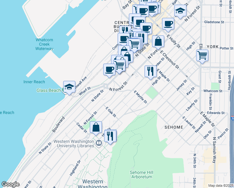 map of restaurants, bars, coffee shops, grocery stores, and more near 727 North Forest Street in Bellingham