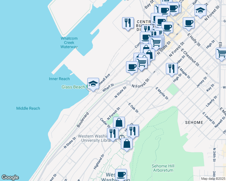 map of restaurants, bars, coffee shops, grocery stores, and more near 630 Boulevard in Bellingham