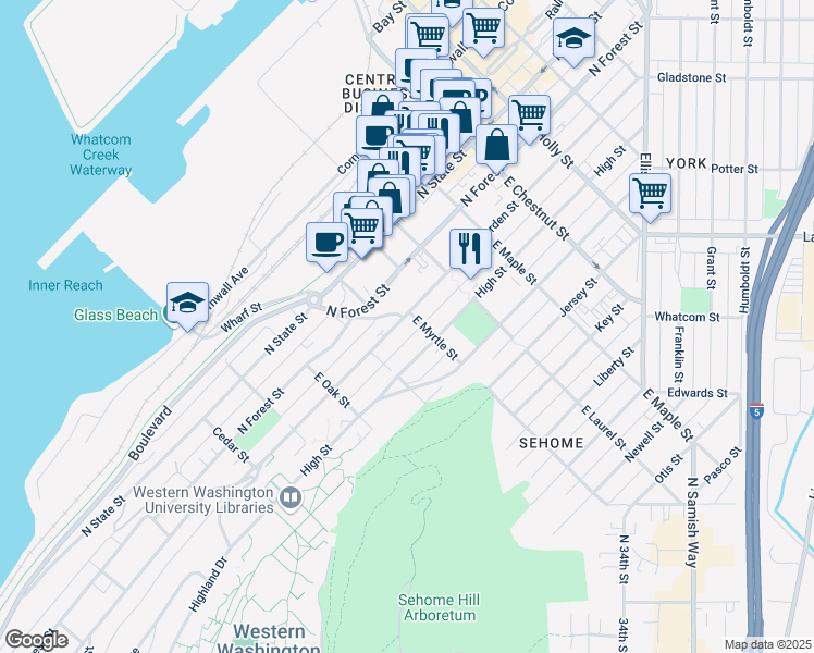 map of restaurants, bars, coffee shops, grocery stores, and more near 826 North Garden Street in Bellingham