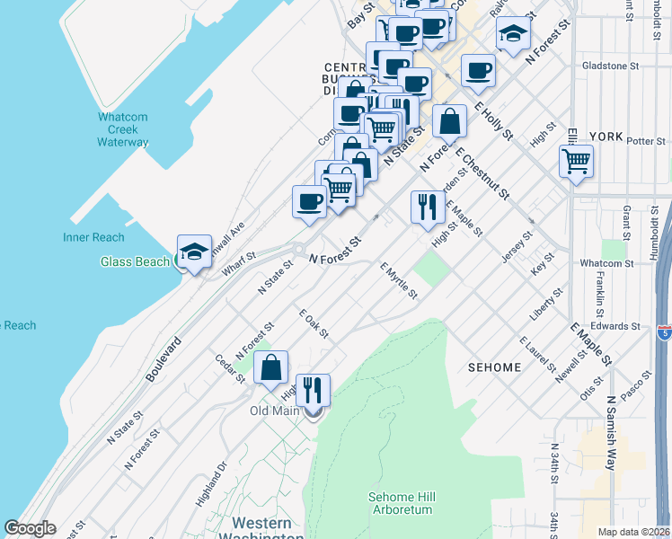 map of restaurants, bars, coffee shops, grocery stores, and more near 811 North Garden Street in Bellingham