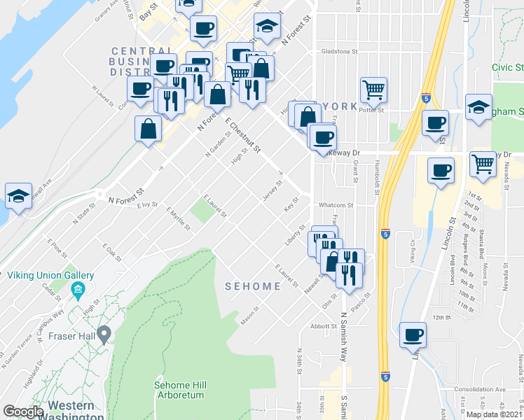 map of restaurants, bars, coffee shops, grocery stores, and more near 1024 Jersey Street in Bellingham