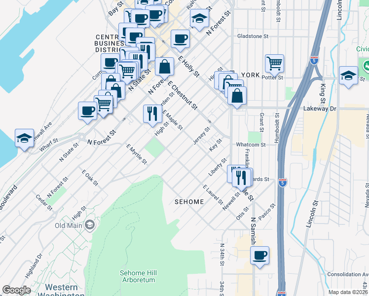 map of restaurants, bars, coffee shops, grocery stores, and more near 711 East Laurel Street in Bellingham