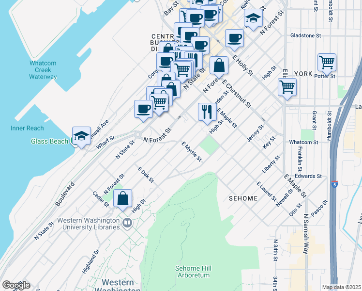 map of restaurants, bars, coffee shops, grocery stores, and more near 508 East Myrtle Street in Bellingham