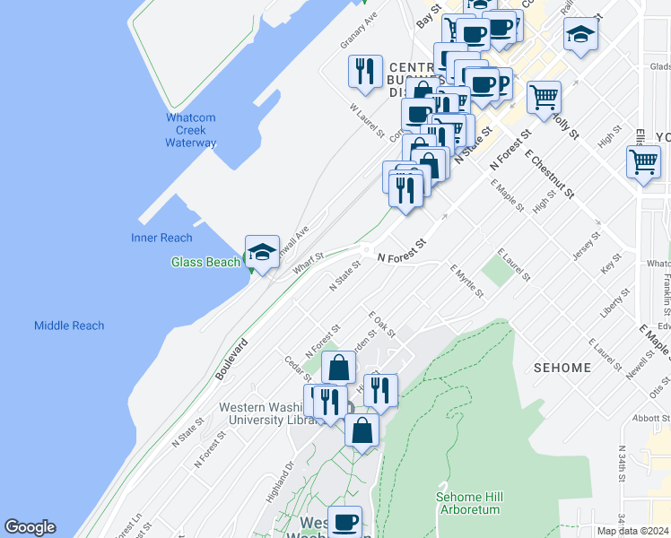 map of restaurants, bars, coffee shops, grocery stores, and more near 705 North State Street in Bellingham