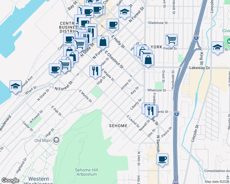 map of restaurants, bars, coffee shops, grocery stores, and more near 711 East Laurel Street in Bellingham