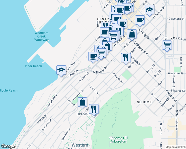 map of restaurants, bars, coffee shops, grocery stores, and more near 310 East Ivy Street in Bellingham