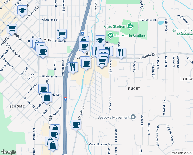map of restaurants, bars, coffee shops, grocery stores, and more near 1200 Lincoln Street in Bellingham