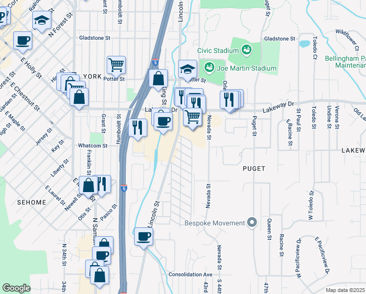 map of restaurants, bars, coffee shops, grocery stores, and more near 1200 Lincoln Street in Bellingham