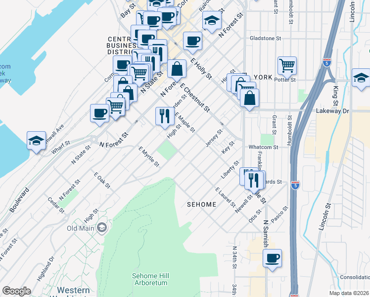 map of restaurants, bars, coffee shops, grocery stores, and more near 711 East Laurel Street in Bellingham